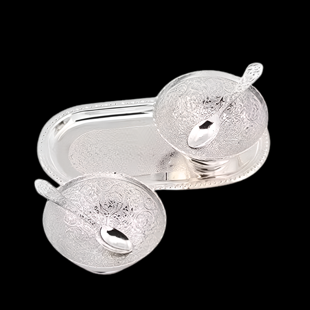 German Silver Bowl & Spoon Tray Set with Velvet Box (4 Inch)