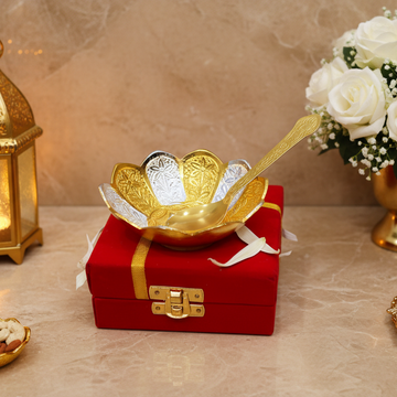 Lotus Gold Silver Bowl & Spoon Set with Velvet Box (4 Inch)