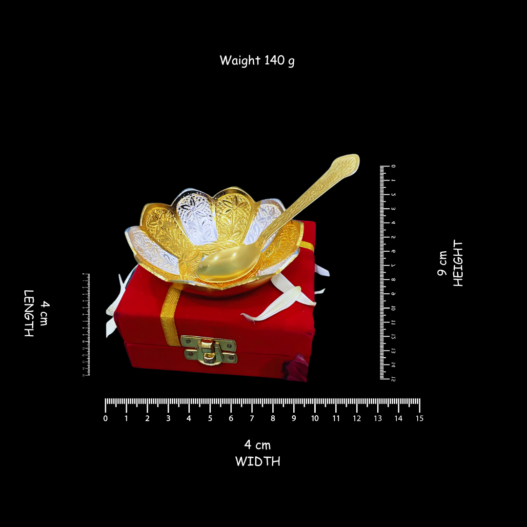 Lotus Gold Silver Bowl & Spoon Set with Velvet Box (4 Inch)
