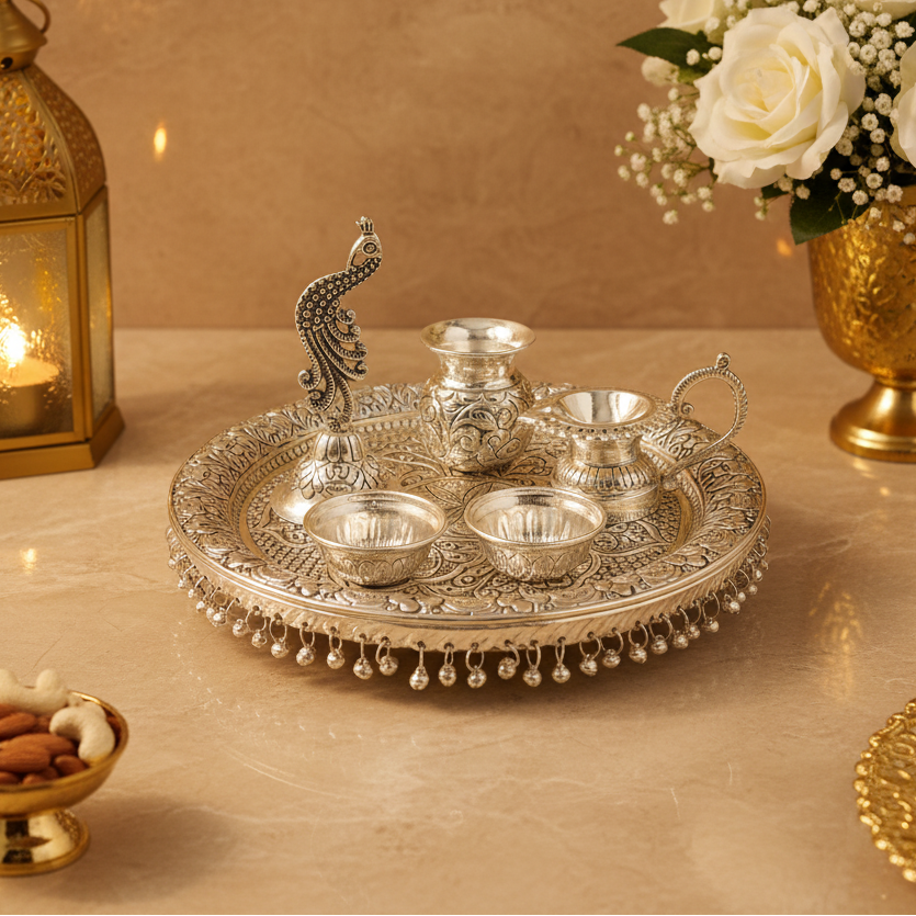 Silver Plated Peacock Pooja Thali Set | Decorative Aarti Thali | Wedding Gift | Housewarming Gift | Festive Home Decor | 30x30x8 cm