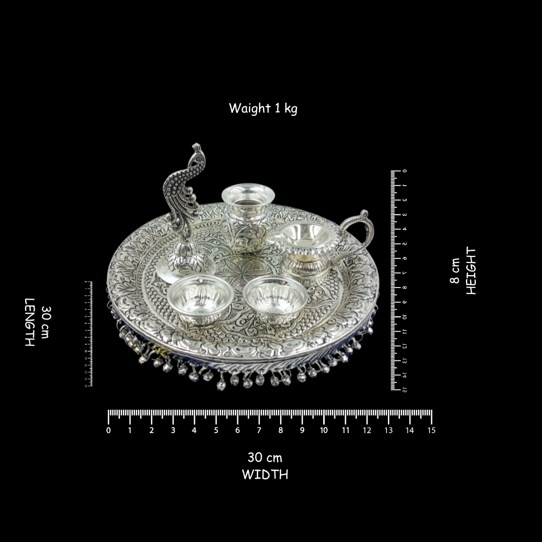 Silver Plated Peacock Pooja Thali Set | Decorative Aarti Thali | Wedding Gift | Housewarming Gift | Festive Home Decor | 30x30x8 cm