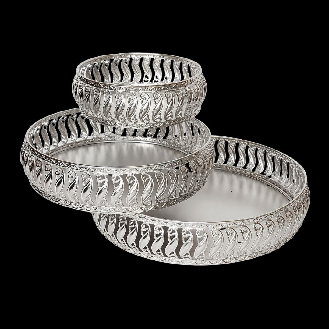 Silver Decorative Serving Tray Set of 3 | Premium Metal Fruit Basket | Dry Fruit Bowl | Wedding Gift | Festive Home Decor | Elegant Centerpiece