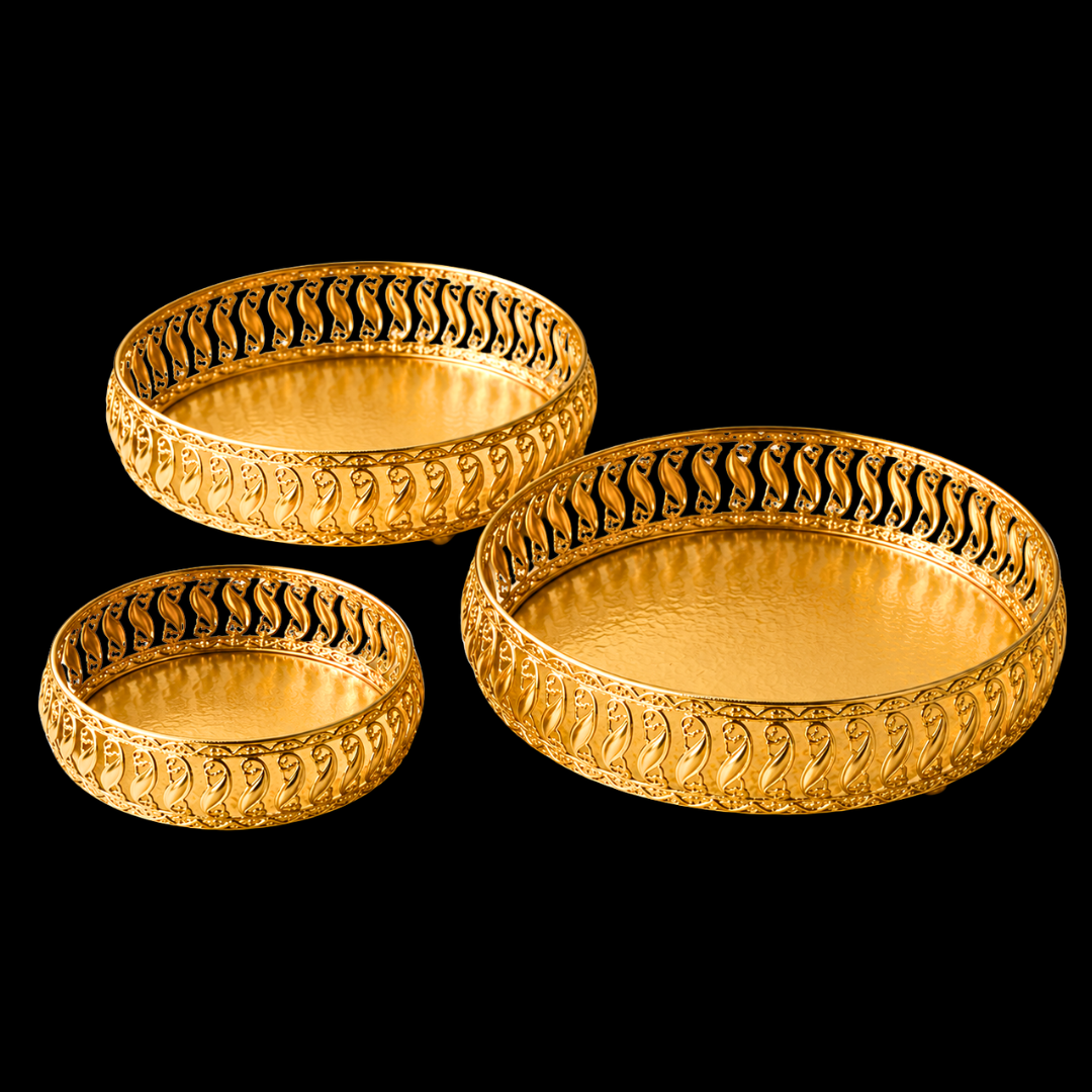 Golden Decorative Serving Tray Set of 3 | Premium Metal Fruit Basket | Dry Fruit Bowl | Wedding Gift | Festive Home Decor | Elegant Centerpiece