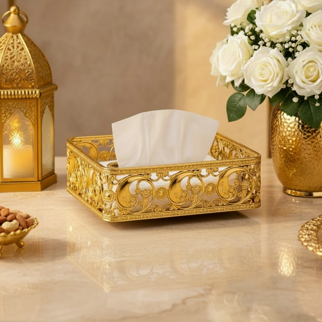 Luxury Gold Tissue Holder Box | Decorative Metal Tissue Box Cover | Elegant Napkin Dispenser | Bathroom Vanity Decor | Dining Table Tissue Case | Home Office Gift