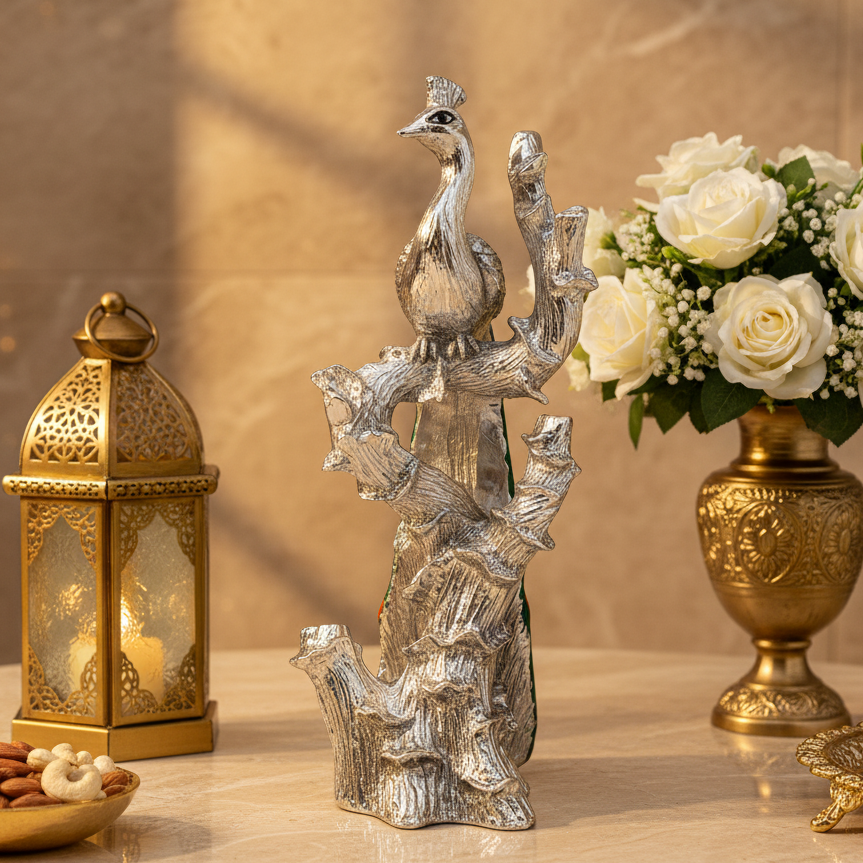 Silver Peacock Figurine Statue | Luxury Peacock Home Decor | Decorative Bird Showpiece | Housewarming Gift | Living Room Accent