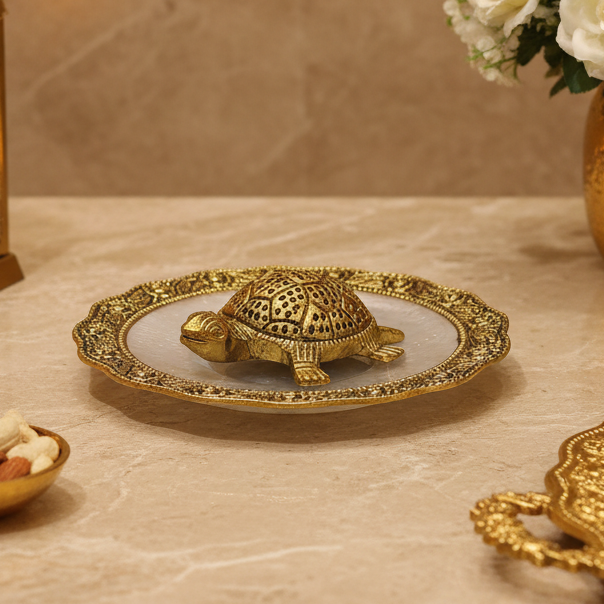 Golden Silver Tortoise on Marble Plate | Feng Shui Turtle Showpiece | Decorative Home Decor | Vastu Gift | Office Desk Decor | Housewarming Gift