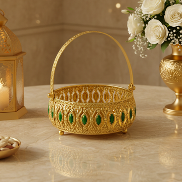 Gold Meena Work Decorative Brass Basket with Handle | 14 x 14 x 6 cm | 120g