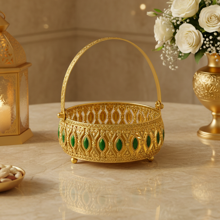 Gold Meena Work Decorative Brass Basket with Handle | 14 x 14 x 6 cm | 120g