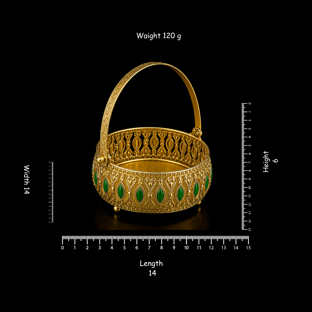 Gold Meena Work Decorative Brass Basket with Handle | 14 x 14 x 6 cm | 120g