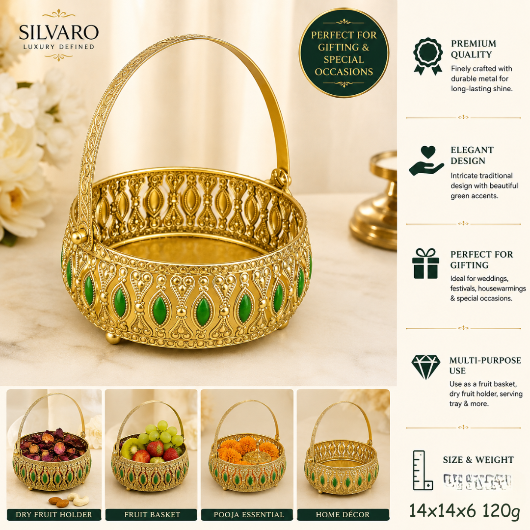 Gold Meena Work Decorative Brass Basket with Handle | 14 x 14 x 6 cm | 120g