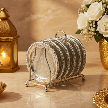 Luxury Silver Tea Cup Coaster Set with Stand | 6 Metal Tea Cup Plates | Decorative Coaster Holder | Housewarming Gift