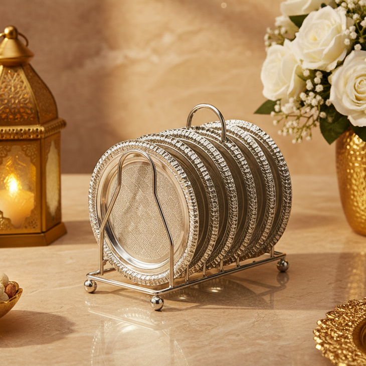Luxury Silver Tea Cup Coaster Set with Stand | 6 Metal Tea Cup Plates | Decorative Coaster Holder | Housewarming Gift