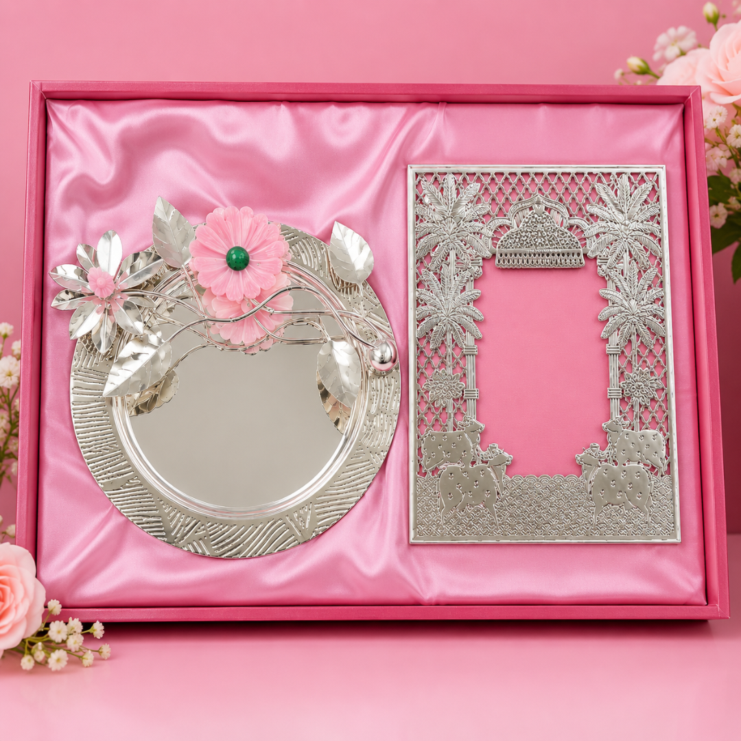 Silver Pooja Thali with Decorative Photo Frame Set | Hindu Temple Decor | Festival Gift | Diwali Puja Plate | Housewarming Gift