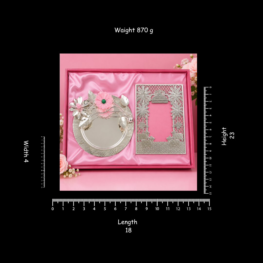 Silver Pooja Thali with Decorative Photo Frame Set | Hindu Temple Decor | Festival Gift | Diwali Puja Plate | Housewarming Gift