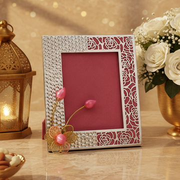 Silver Plated Floral Photo Frame with Pink Flower | Luxury Decorative Picture Frame | Table Top Home Decor | Wedding Gift