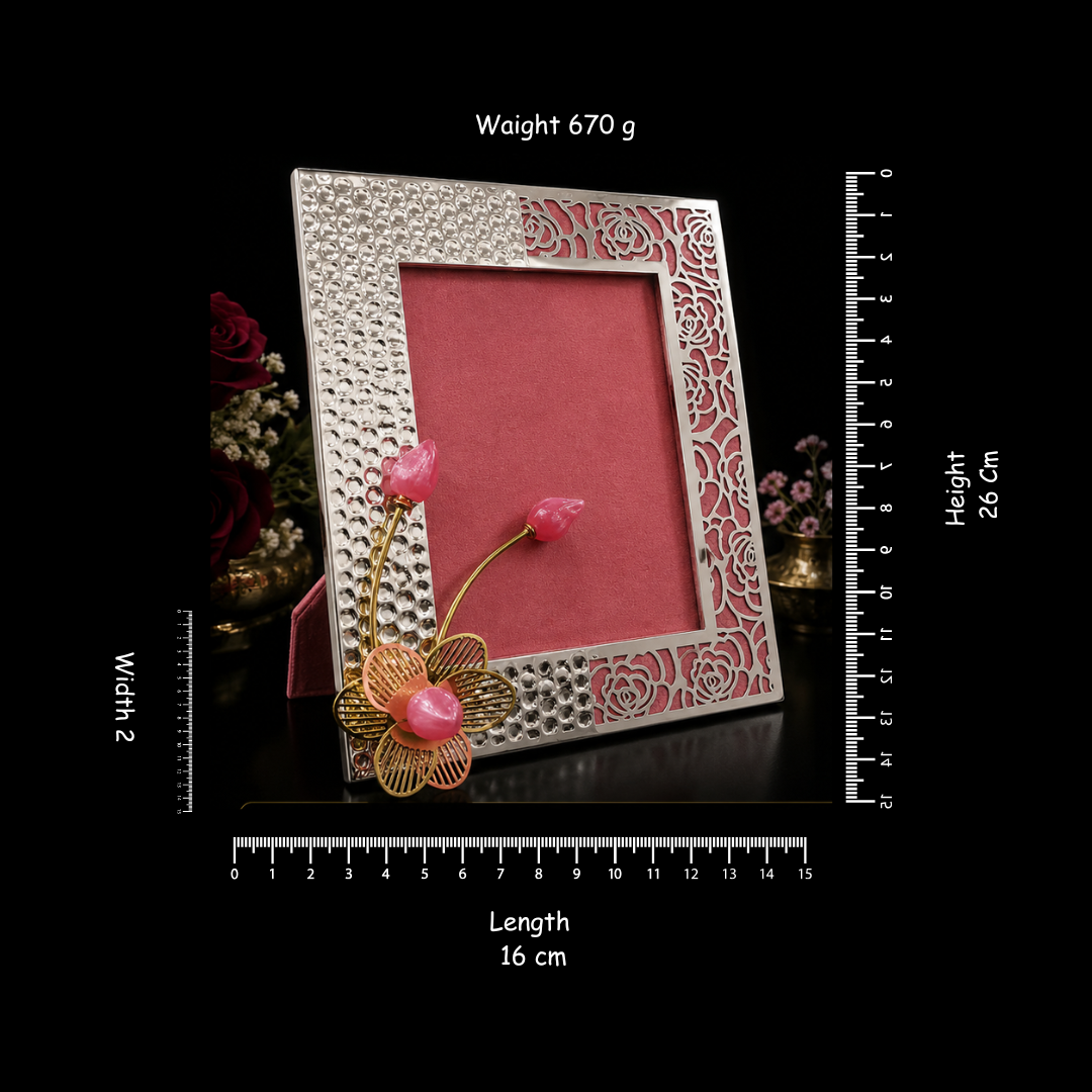 Silver Plated Floral Photo Frame with Pink Flower | Luxury Decorative Picture Frame | Table Top Home Decor | Wedding Gift