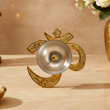 Luxury Om Diya Oil Lamp | Golden Decorative Diya with Traditional Hindu Design | Puja Mandir Decor | Diwali Gift | Indian Home Decor