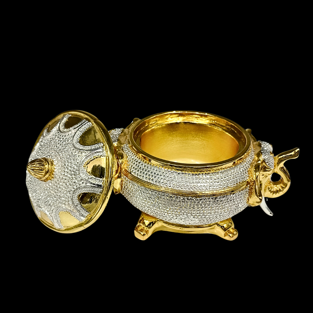 24K Gold  999 Silver Plated Elephant Handle Bowl with Lid  Luxury Metal Serving & Décor Piece