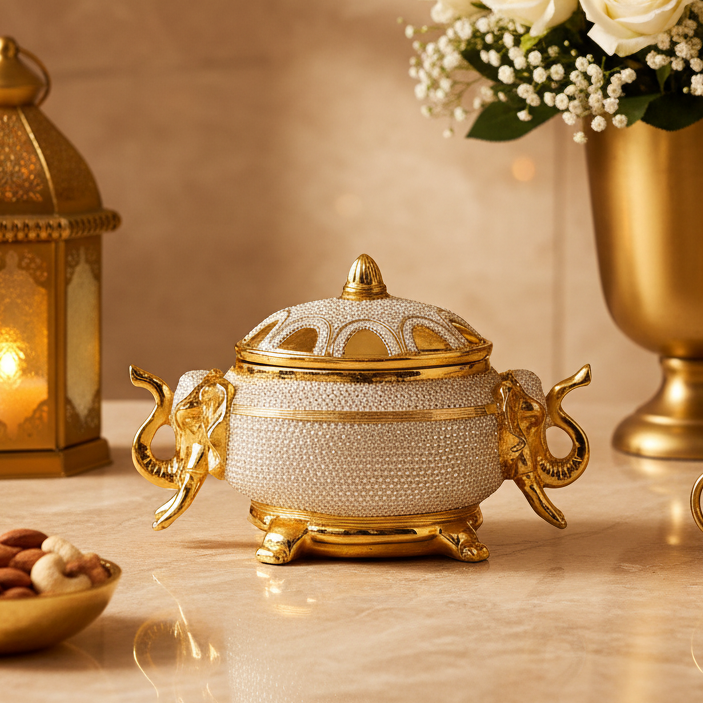 24K Gold  999 Silver Plated Elephant Handle Bowl with Lid  Luxury Metal Serving & Décor Piece
