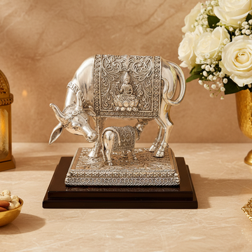 Premium 999 Silver Platted Cow & Calf  With Laxmi Print Statue | Intricate Indian Handcrafted Cow Idol | Silver Finish Kamdhenu Sculpture | Luxury Home & Pooja Décor | Gift