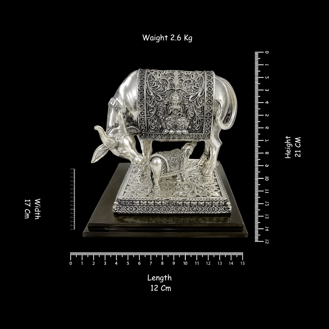 Premium 999 Silver Platted Cow & Calf  With Laxmi Print Statue | Intricate Indian Handcrafted Cow Idol | Silver Finish Kamdhenu Sculpture | Luxury Home & Pooja Décor | Gift