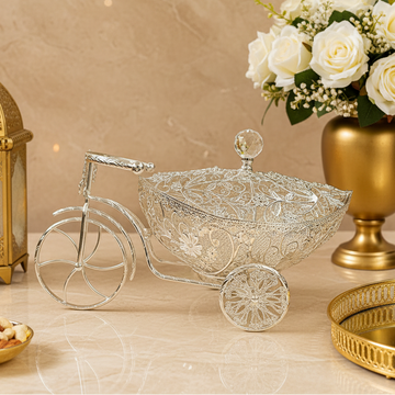 Luxury Silver Plated Tricycle Dry Fruit Bowl | Ornate Filigree Serving Basket