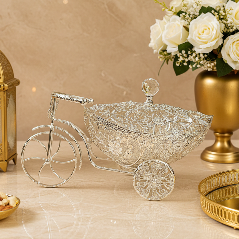 Luxury Silver Plated Tricycle Dry Fruit Bowl | Ornate Filigree Serving Basket