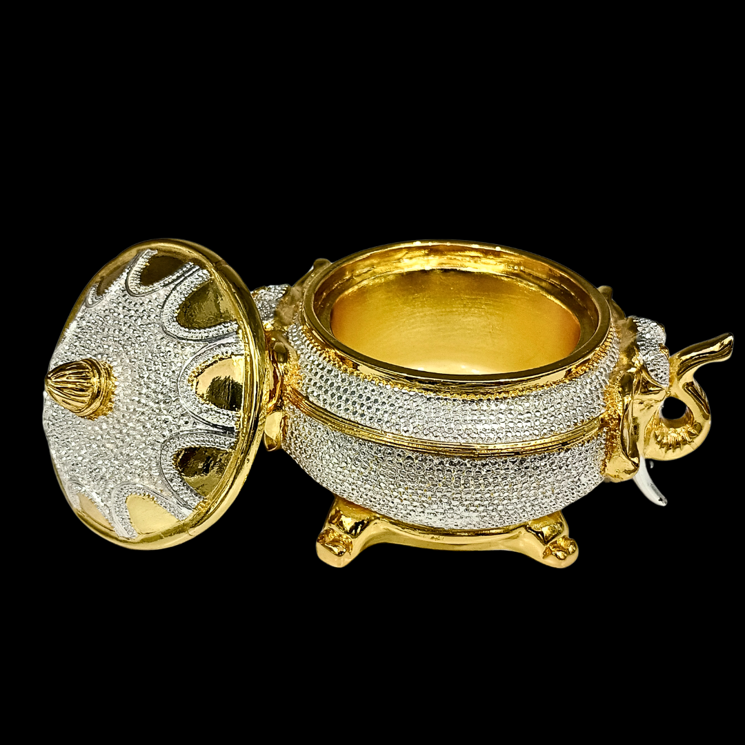24K Gold  999 Silver Plated Elephant Handle Bowl with Lid  Luxury Metal Serving & Décor Piece