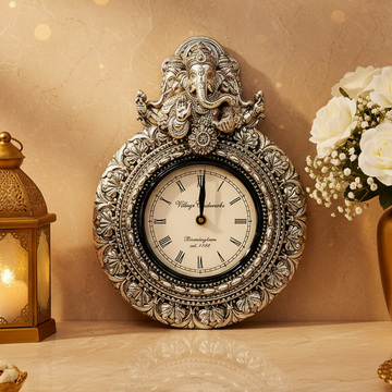999 Silver Plated Lord Ganesha Decorative Wall Clock | Premium Antique Silver Finish