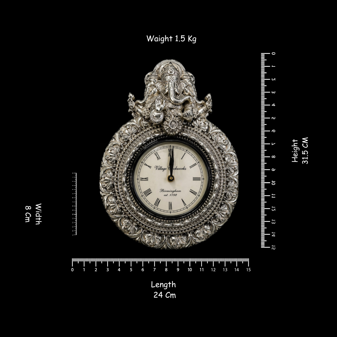 999 Silver Plated Lord Ganesha Decorative Wall Clock | Premium Antique Silver Finish