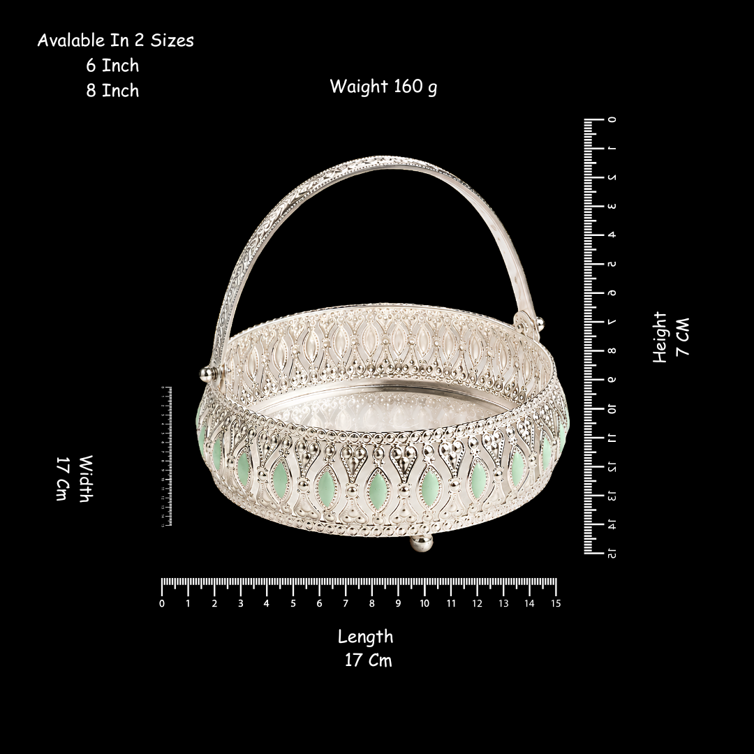 Meena Work Silver Green Decorative Basket with Elegant Handle & MDF Gift Box| Traditional Serving & Gift Basket | Decorative Home Décor