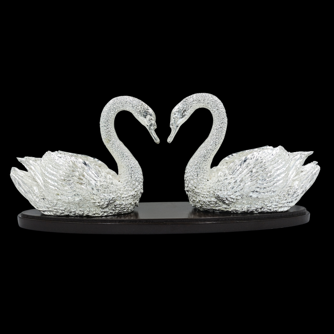 Non-Oxidized 999 Fine Silver Plated Swan Pair Figurines | Decorative Swan Couple | Luxury Home Decor & Gift