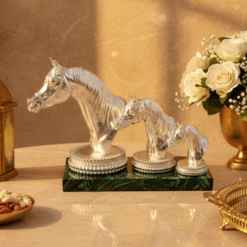 Non-Oxidized 999 Fine Silver Platted Horse Statue Set of 3 | Decorative Horse Figurines | Elegant Home Decor | Premium Gift | 30×16×25 cm | 5 KG