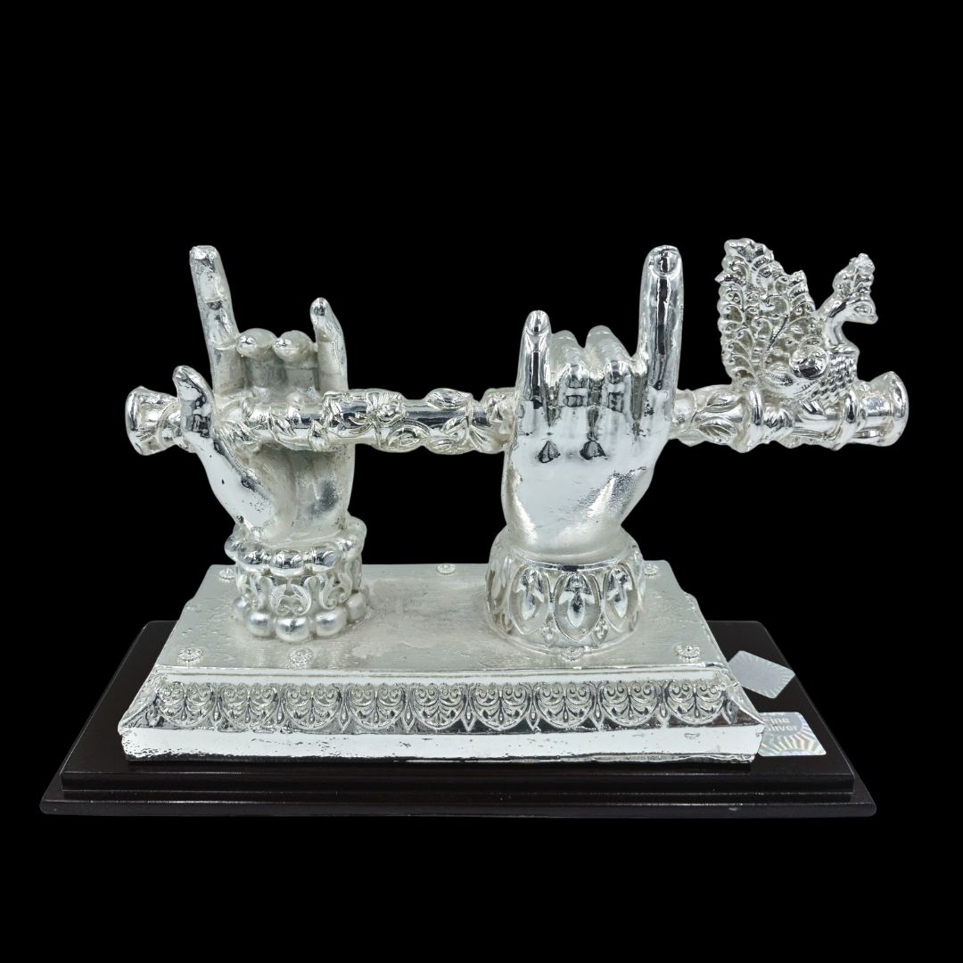 Non-Oxidized 999 Fine Silver Plated Krishna Flute with Divine Hands & Peacock Showpiece | Spiritual Home Décor | Premium Gift