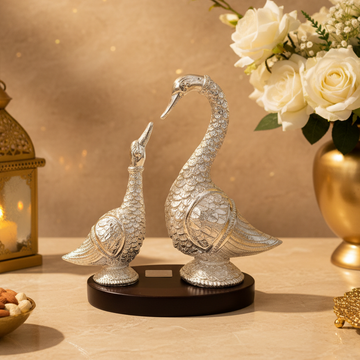 Non-Oxidized Pure 999 Fine Silver Plated Swan Pair Showpiece | Decorative Bird Couple Sculpture | Luxury Home Décor & Gift | 18×8×18 cm