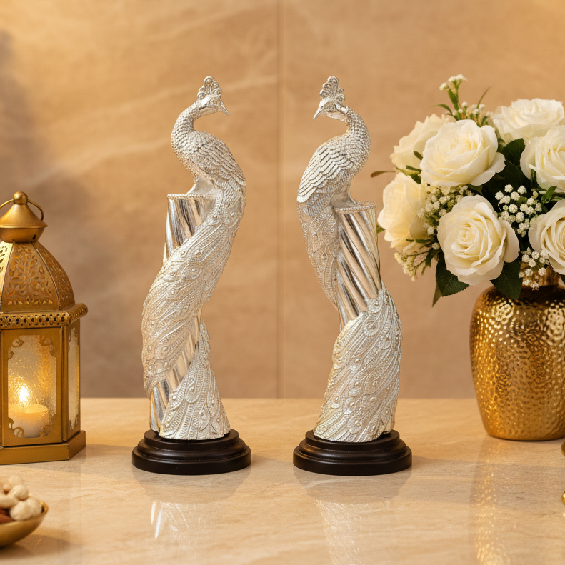 Non-Oxidized 999 Pure Silver Plated Peacock Showpieces Pair of 2 | Decorative Peacock Statue Set | Luxury Home Décor & Gift