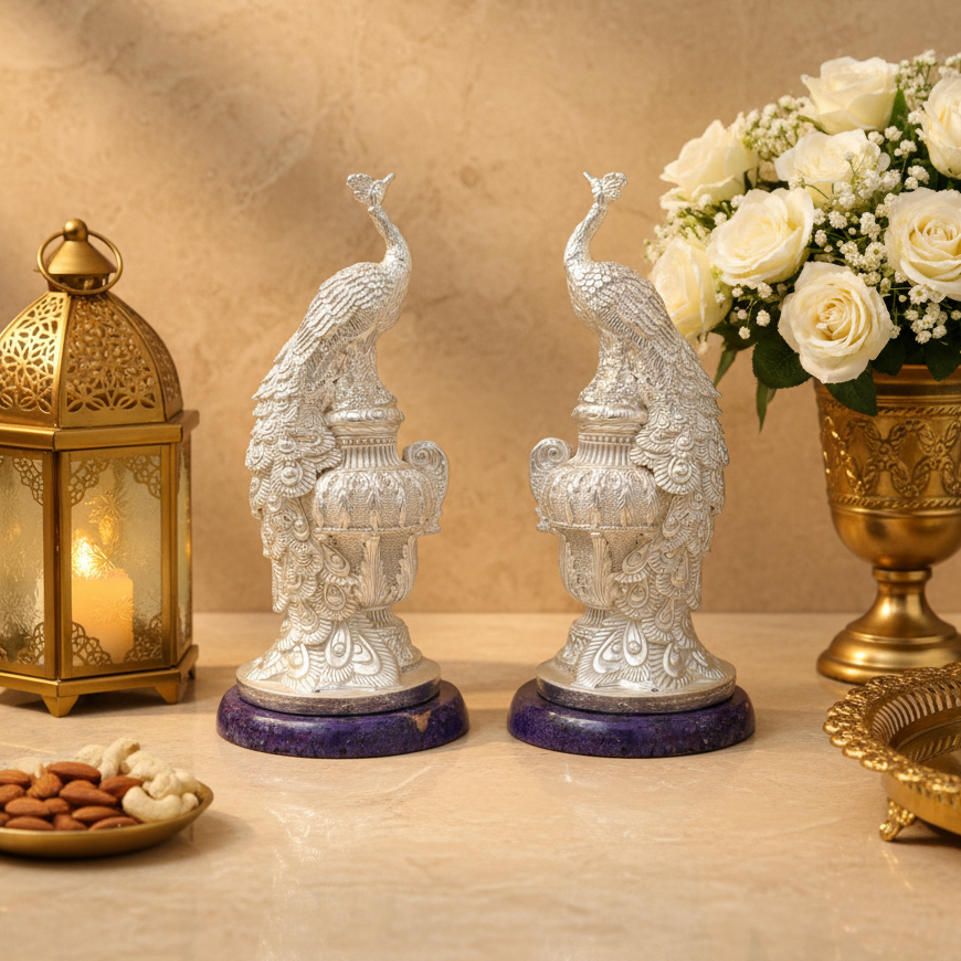 Non-Oxidized 999 Pure Silver Plated Peacock Showpieces Pair of 2 Purple Stone Base | Decorative Peacock Statue Set Of 2