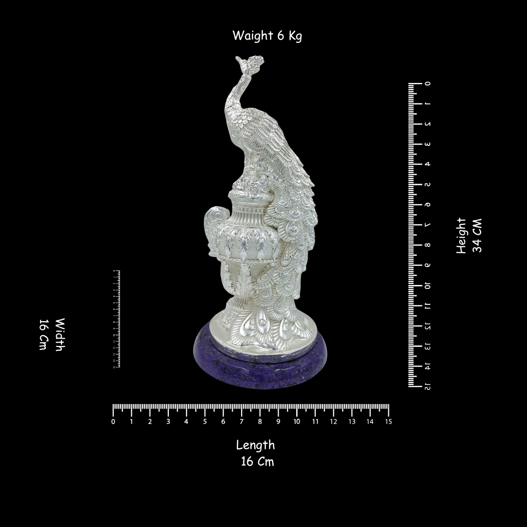 Non-Oxidized 999 Pure Silver Plated Peacock Showpieces Pair of 2 Purple Stone Base | Decorative Peacock Statue Set Of 2