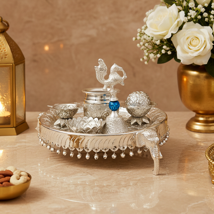 Silver Platted Elephant Pooja Thali Set – Premium Decorative Metal Aarti & Pooja Set | Luxury Finish