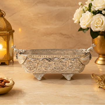 Silver Plated Boat Shape Urli Bowl | Ornate Decorative Urli | Traditional Indian Home Decor | Luxury Table Centerpiece | Gift