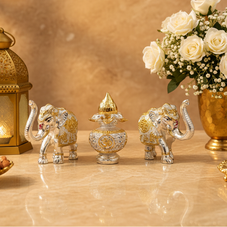 Silver Gold Elephant Decor Set with Om Urn, Kalash Indian Home Decor, Pooja Decor, Luxury Spiritual Gift, Wedding Housewarming Gift