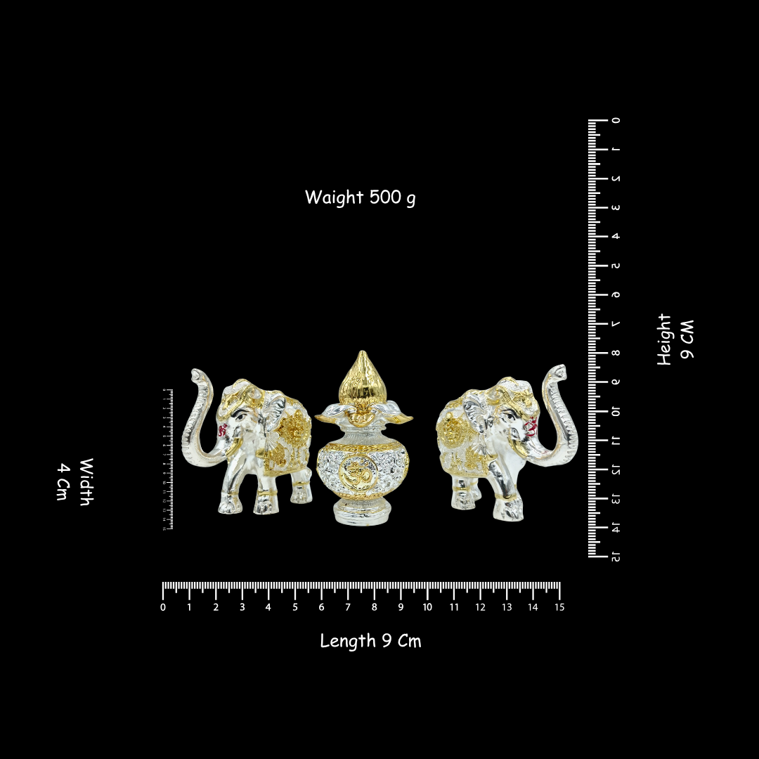 Silver Gold Elephant Decor Set with Om Urn, Kalash Indian Home Decor, Pooja Decor, Luxury Spiritual Gift, Wedding Housewarming Gift