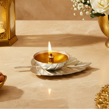 Silver Leaf Diya Candle Holder, Indian Home Decor, Pooja Room Decor, Traditional Diwali Gift, Spiritual Decor, Table Decoration