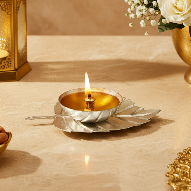 Silver Leaf Diya Candle Holder, Indian Home Decor, Pooja Room Decor, Traditional Diwali Gift, Spiritual Decor, Table Decoration