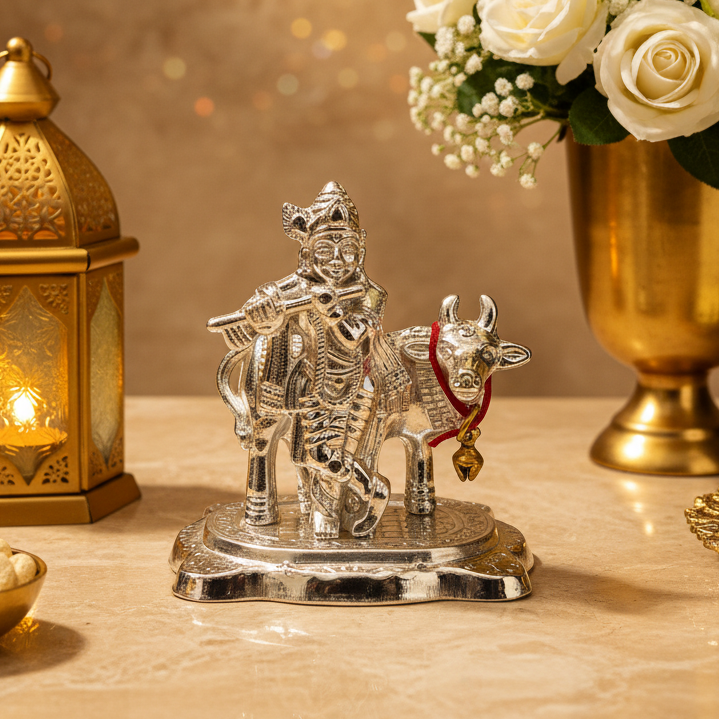 Krishna with Cow Idol | Decorative Hindu God Statue | 8 cm Krishna Cow Figurine | Pooja Mandir Decor | Home Temple Decor | Spiritual Gift