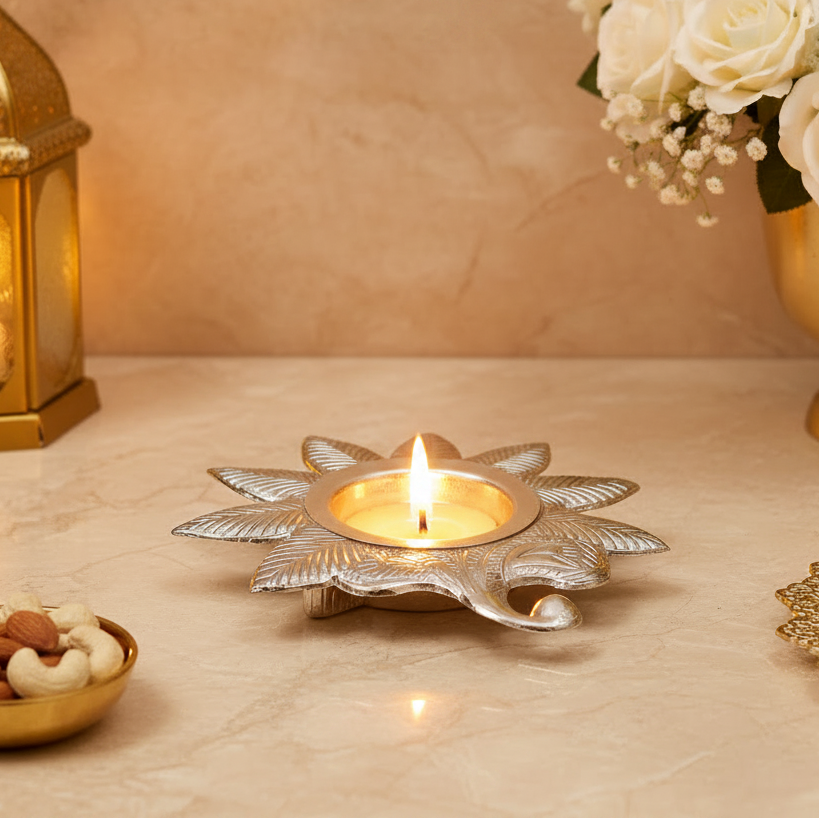 Silver Leaf Diya Candle Holder | Decorative Metal Tealight Holder | Lotus Leaf Diya Stand | Pooja Mandir Decor | Home Decor | Festive Gift