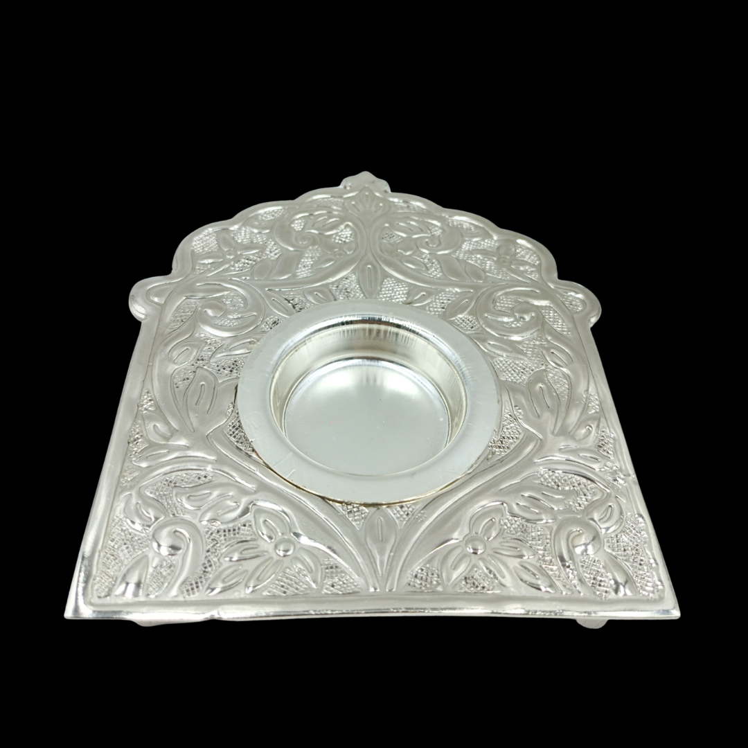 Silver Darbar Floral Diya Candle Holder | Decorative Metal Tealight Holder Pooja Mandir Decor | Home Decor | Festive Gift