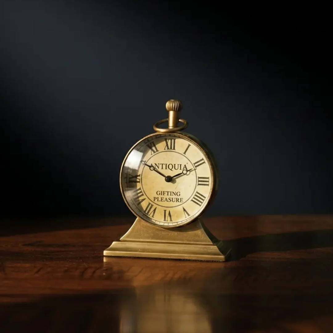 Brass Desk Clock with Compass Dial Back, Vintage Antique Table Clock, Nautical Office Decor, Classic Mantel Clock, Unique Gift for Him
