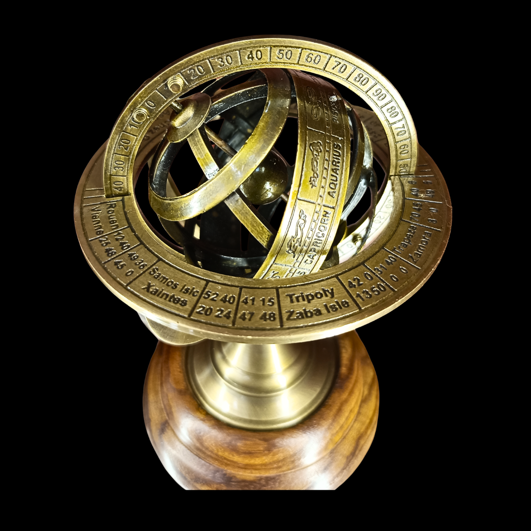Brass Armillary Sphere Astrolabe with Wooden Base – Antique Style Nautical Globe, Vintage Tabletop Décor, Luxury Historical Gift & Premium Collectible