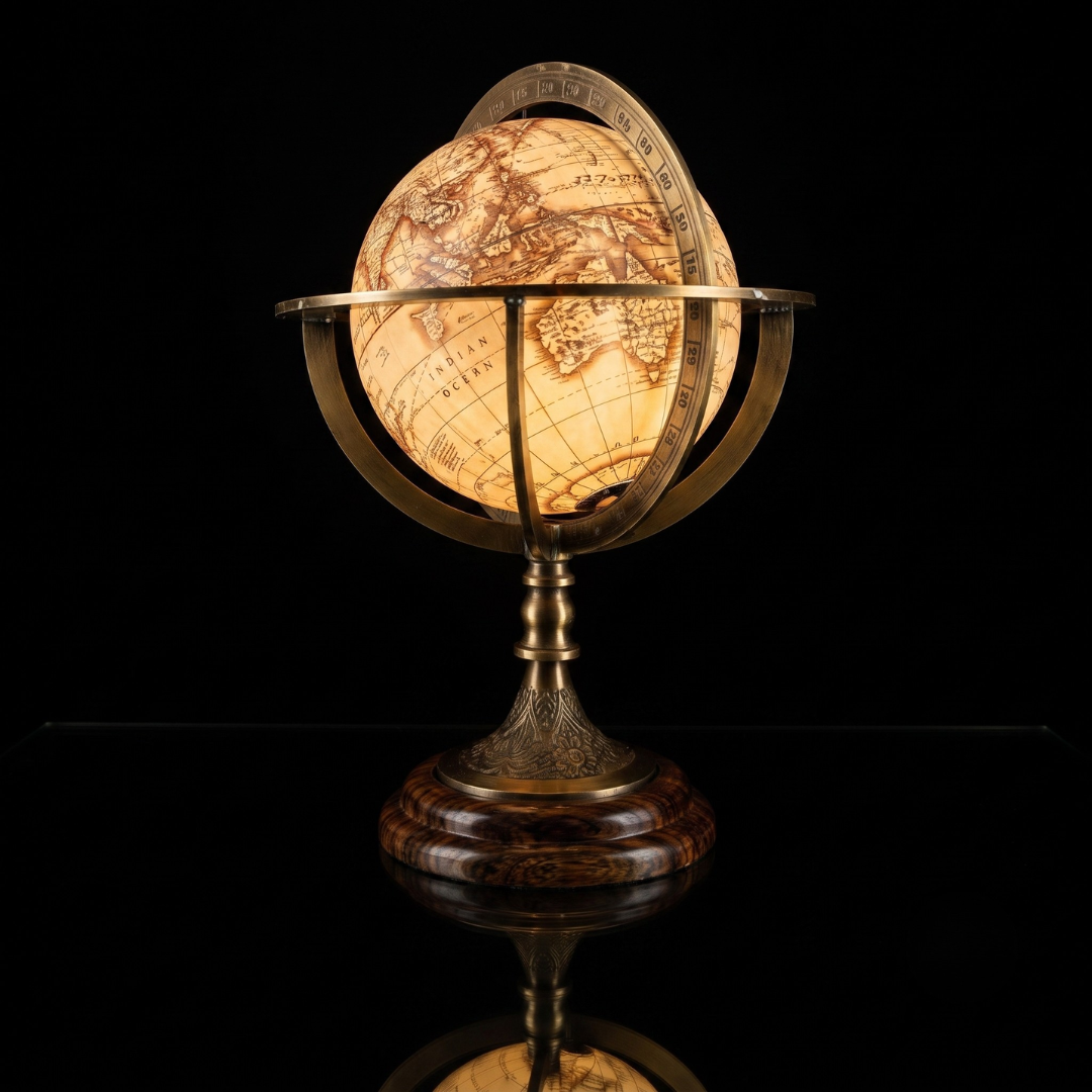 Antique Brass World Globe with Illuminated Map | Vintage Desk Decor & Luxury Gift, Decorative Table Globe on Wooden Base